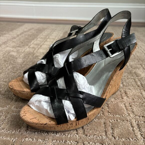 Guess Leather Wedge Platform Sandals Women's 10M Black Strappy Slingback Y2K - Picture 2 of 9